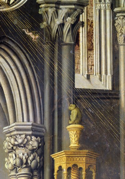 El niño Jesús cae del Padre Dios en el cielo en un rayo de luz. c.1445 de Master of the Aix Annunciation